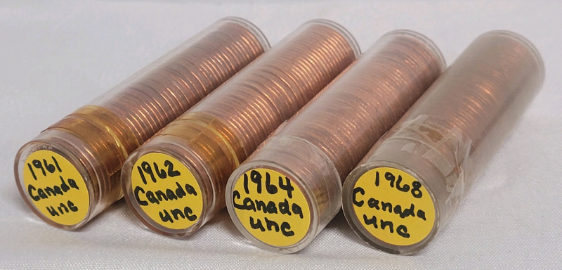 1961 - 1968 Canadian Uncirculated Penny Rolls . 1961 , 1962 , 1964 & 1968