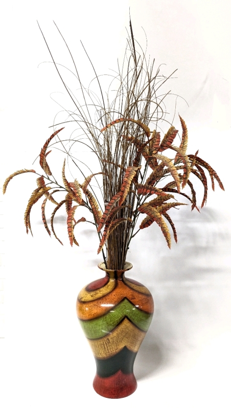 Neat Colorful Metal Vase with Incredibly Tall Dried Grass and Artificial Feather-Like Leaves