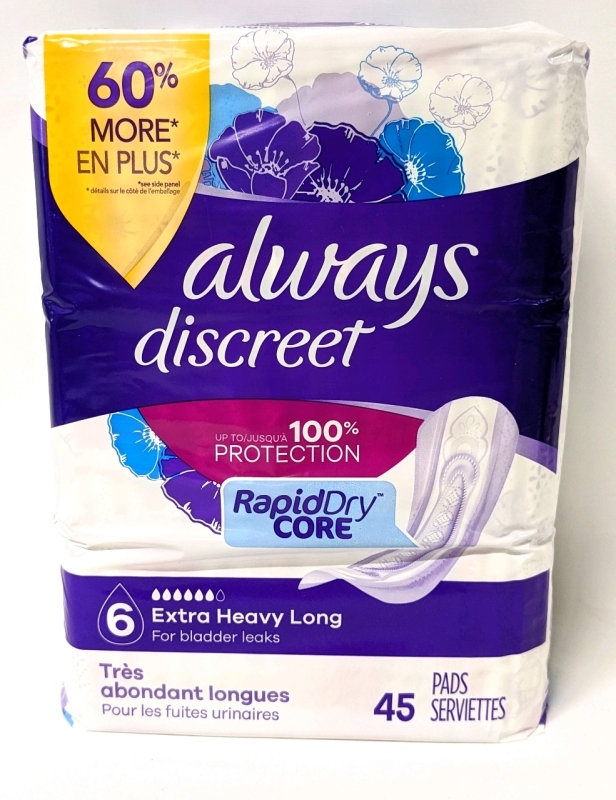 New Always Discreet Pads for Bladder Leaks - Extra HEAVY & Long (45 Pads Per Pack)