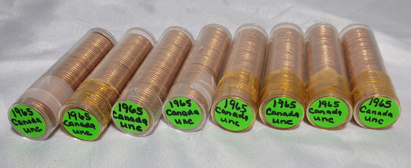 1965 Canadian Uncirculated Penny Rolls , Eight (8) Rolls