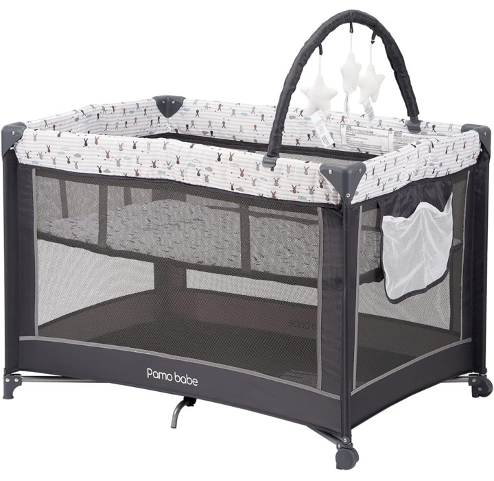 Pamo Babe Portable Baby Playpen, Lightweight Travel Playard with Mattress and Wheels (Rabbit)