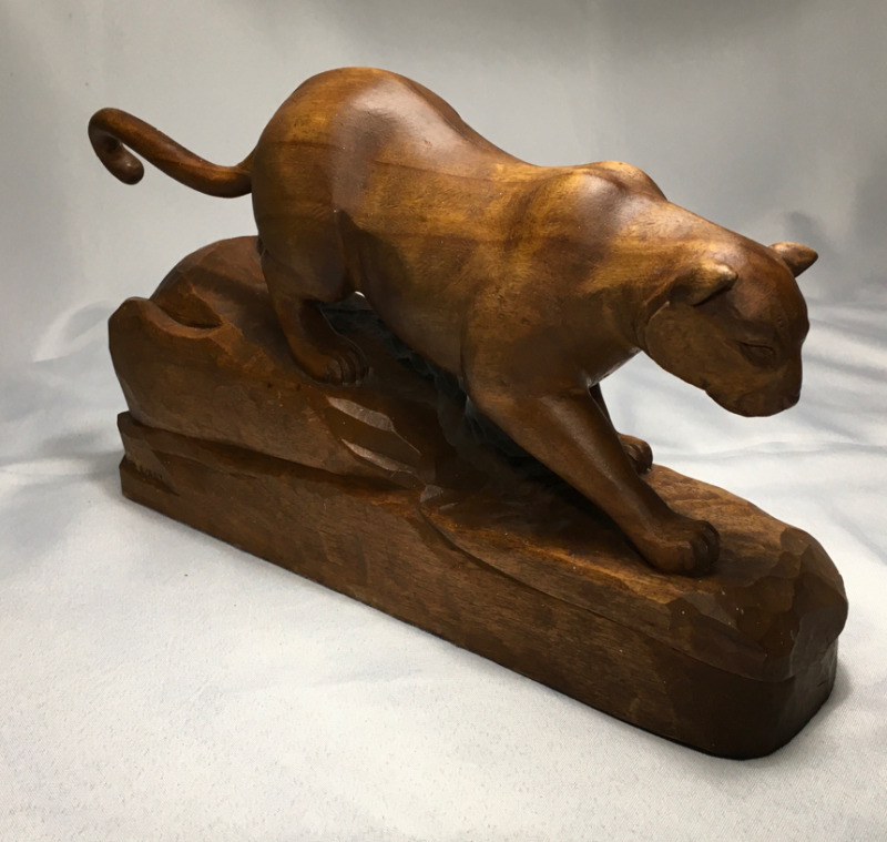 Mountain Lion Wood Sculpture Signed