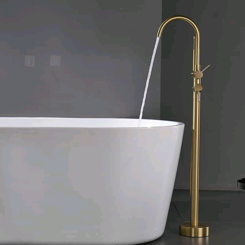 New - Freestanding Brushed Gold Tub Filler Bathtub Faucet with Handheld Shower