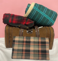 Picnic bag with utensils and cups and three picnic blankets