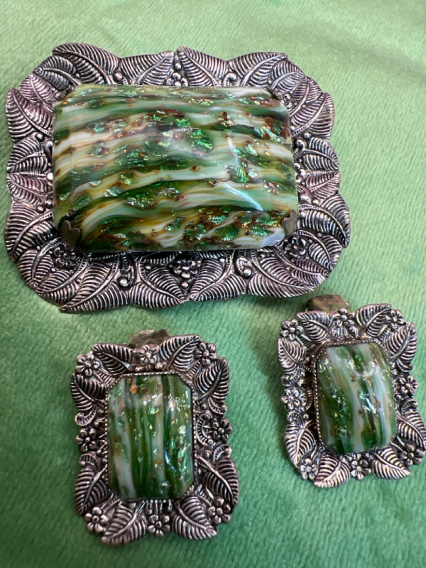 Repousse Brooch Matching Earrings Art glass