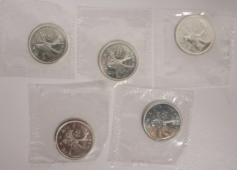 1964 Canadian Silver Twenty Five Cent Quarters in Sealed Cellophane , Five (5) Coins