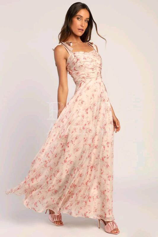 New LULUs Best Memories Blush Floral Print Organza Tie-Strap Maxi Dress Size Large.