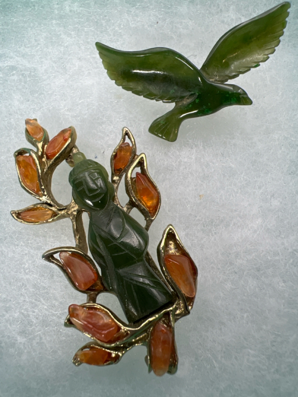 Vintage Figural Jade Brooch & Jade Bird