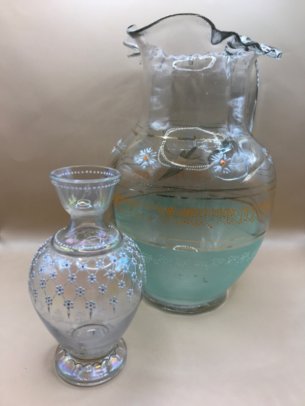 Antique Czech Glass Vase 5.5 in & Victorian Crimped Edge Water Pitcher 9.5 in both with Hand Enamel Flowers