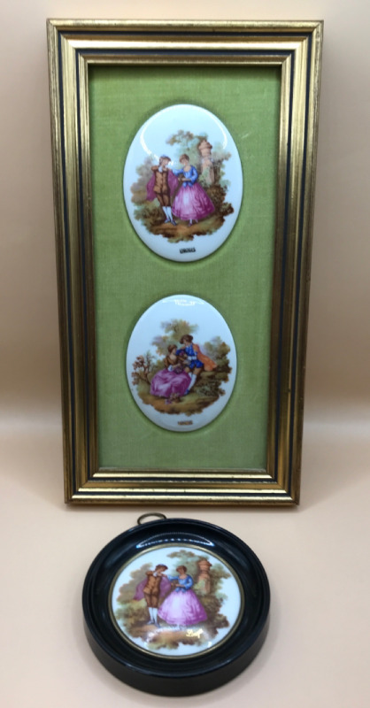 Limoges France Framed Fragonard Oval Plaques & Round Porcelain Plaque 3 inches