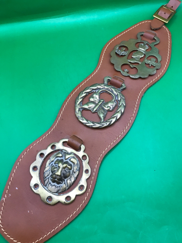 3 Vintage Horse Brass on Leather Strap 17 inches