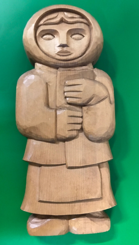 Vintage Russian Wood Carving of a Woman Holding Book 15 inches tall
