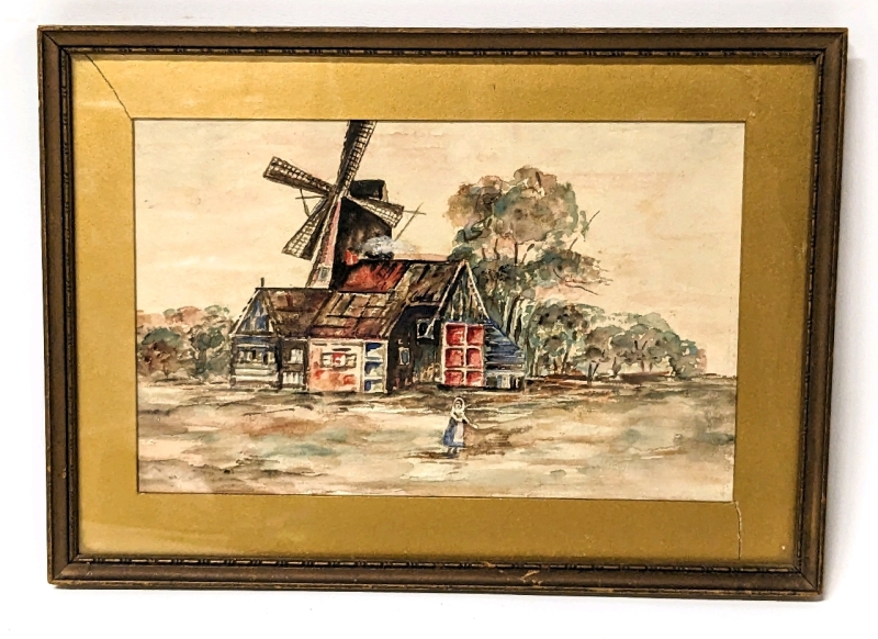 Antique Watercolor Dutch Mill Scene