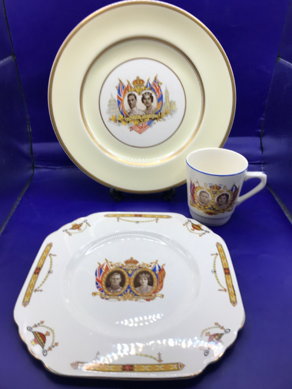 King George VI & Queen Elizabeth 1937 2 Plates 8.5 to 10 in & Mug 3.5 inches tall