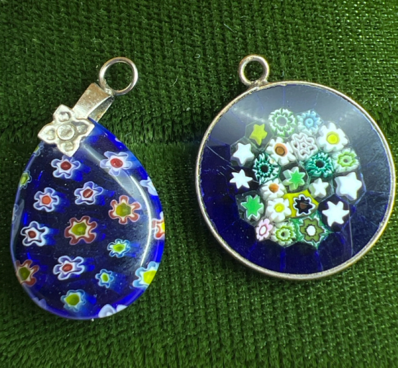 Two Cobalt Blue Murano Millefiori Glass Pendants