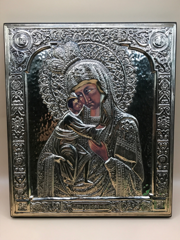 Contemporary Italian 925 Sterling Silver on Wood Madonna & Child Icon 9 x 10 inch