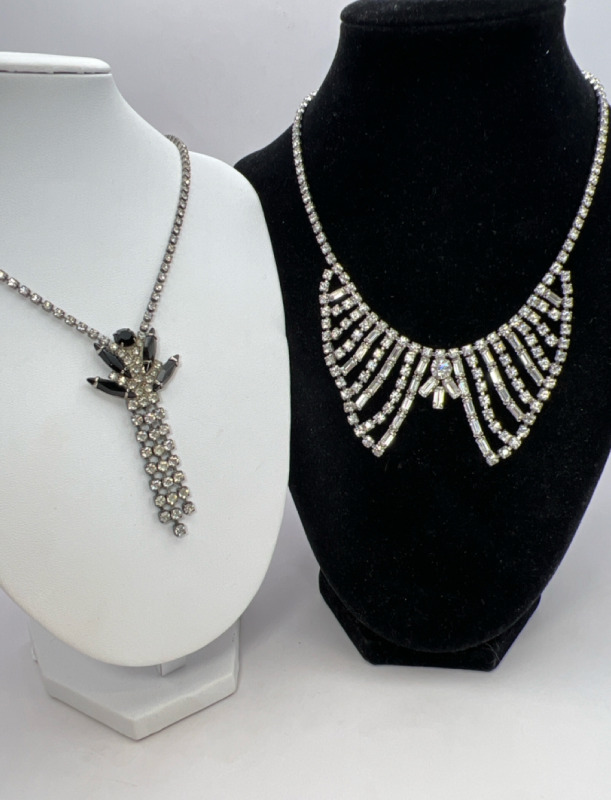 Vintage Clear & Black Rhinestone Necklace & Clear Drop Necklace