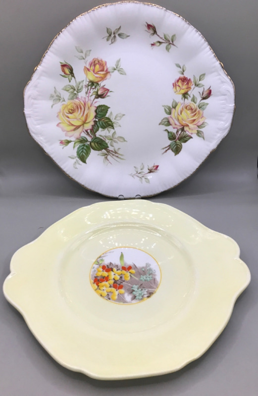 2 Vintage PARAGON Cake Plates Peace Rose & Woodland Bluebell 10 inches wide