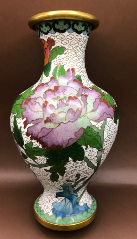 Cloisonné Vase with Purple Peony & Butterfly 8.5 inches tall