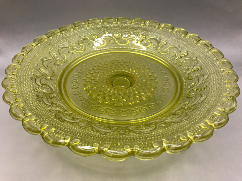 Vintage Uranium Vaseline Glass Pedestal Dish 8 inches wide