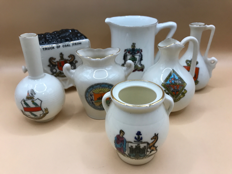 7 Antique Crested China Pieces Coal Wagon Creamer Bud Vase Ewer Pitcher ++ 2.5 to 3 inches tall made in England