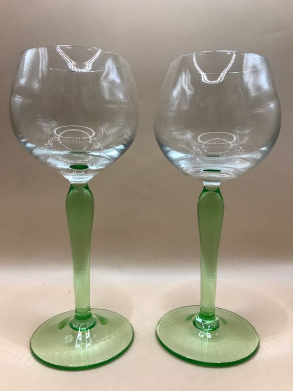 Pr Green Depression Glass Stem Wine Glasses 7 inches tall