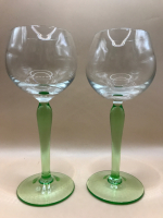 Pr Green Depression Glass Stem Wine Glasses 7 inches tall