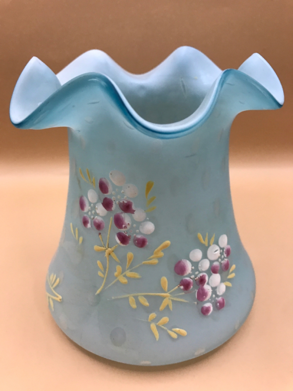 Antique English Blue Cases Satin Glass Vase with Enamel Flowers & Traped Air Bubbles 5 inches tall