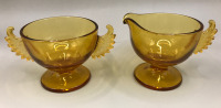 Vintage Westmoreland Amber Glass Cream & Sugar with Wings c1920’s 3 inches tall