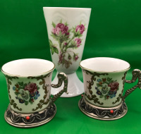 LIMOGES France 2 Espresso Cups with holder & Porcelain Cup with Roses 2.5 to 5 inches tall
