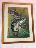 Original Oil on Canvas Board of Fish signed by Artist Framed 13 x 16.5 inches