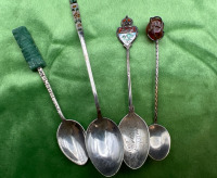 Four Sterling Spoons Enamel Amber Jade