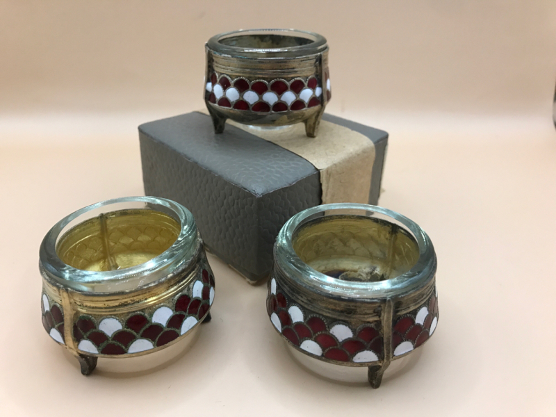 2 Vintage Russian Silverplate & Enamel Open Salts & Russian Communist Era Silverplate & Enamel Open Salt 1.5 inches tall