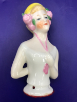 Antique German Porcelain Pincushion Hslf Doll 4.5 inches tall