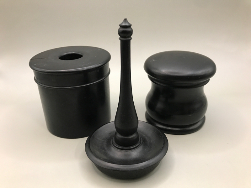Antique Real Ebony Wood Ring Holder Trinket Box & Hair Receiver