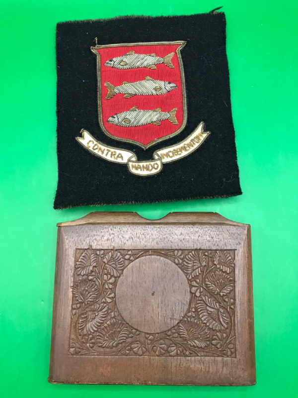 Vintage Carved Wood Cigarette Case/Holder 4 x 3 in & English Privet School Crest 4 x 4 inches