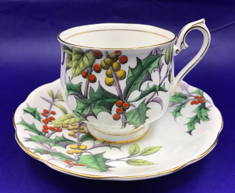 Antique Royal Albert England Flower of the Month Series Tea Cup & Saucer December Holly 3.5 inches tall