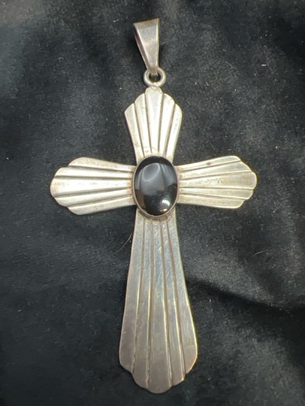 Vintage Mexican 925 Sterling with Black Onyx Cross Pendant