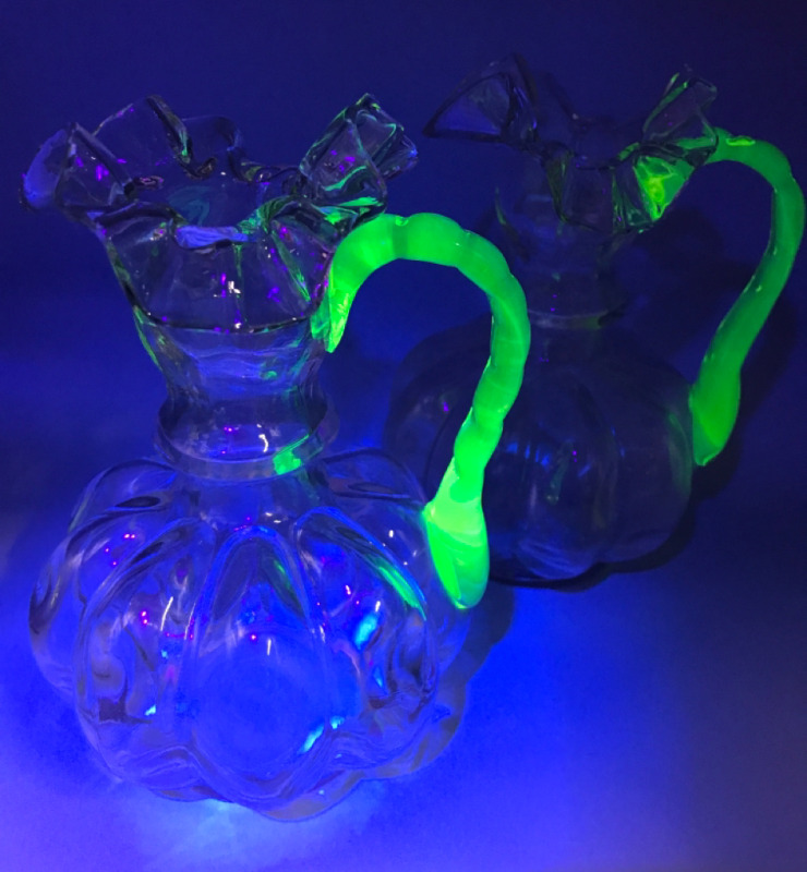 2 Victorian Melon Lobed Glass Jugs with Applied Uranium Glass Handles 6 inches tall