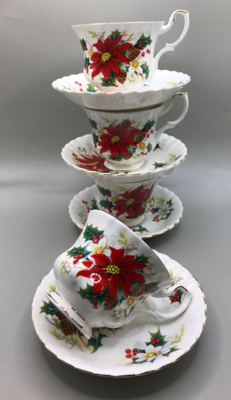 4 Royal Albert England Poinsettia Tea Cups & Saucers