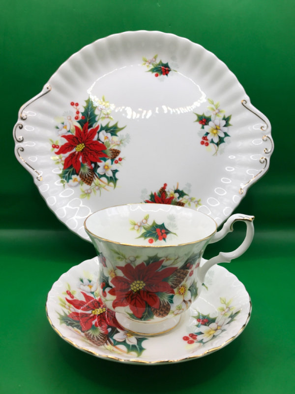 Royal Albert England Poinsettia Cake Plate 10 inches & Cup Saucer