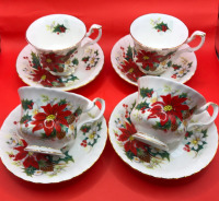 4 Royal Albert England Poinsettia Tea Cups & Saucers