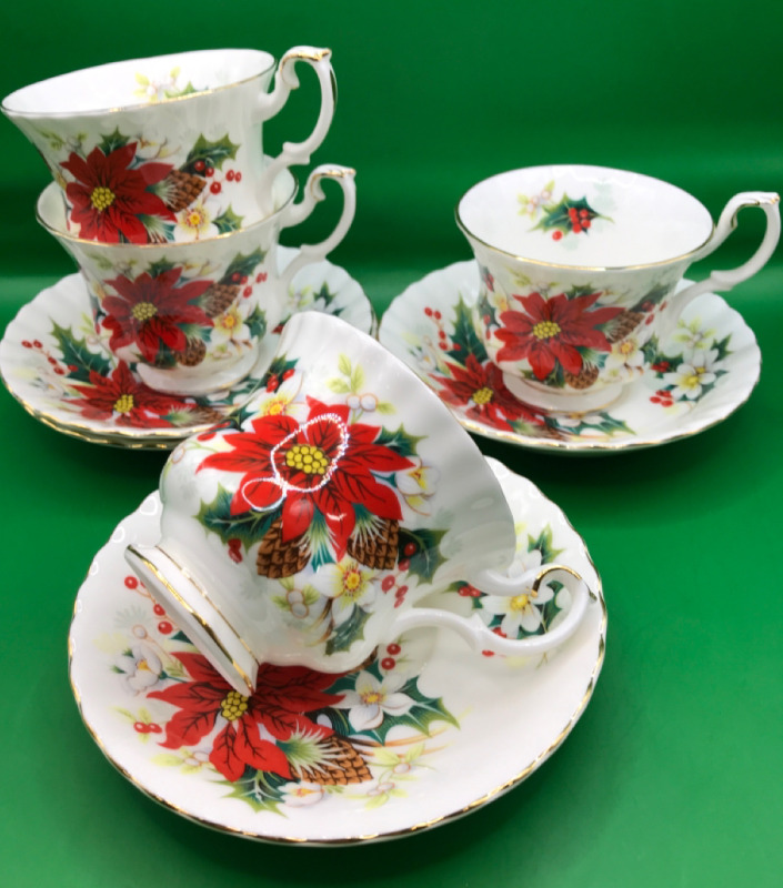 4 Royal Albert Poinsettia Tea Cups & Saucers