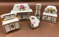 5 Limoges France Miniatures Chair Hutch Fireplace China Cabinet Hall Clock 1 to 1 3/4 inches tall