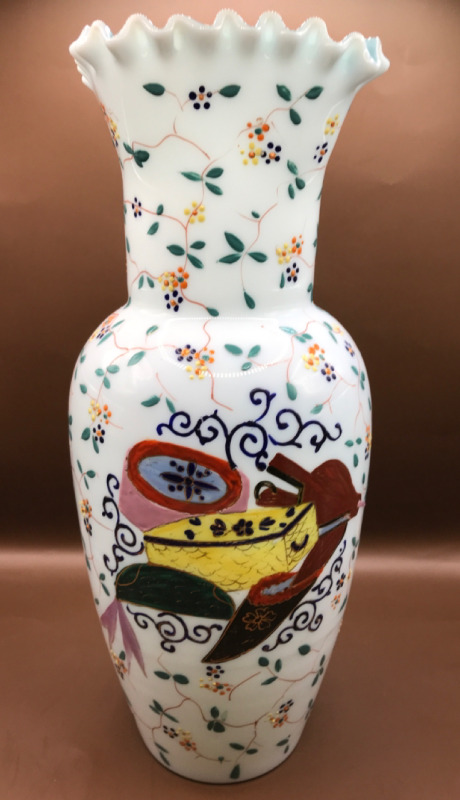 Antique Bristol Glass with Oriental Motif Vase 11.5 inches tall