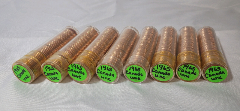1965 Canadian Uncirculated Penny Rolls , Eight (8) Rolls