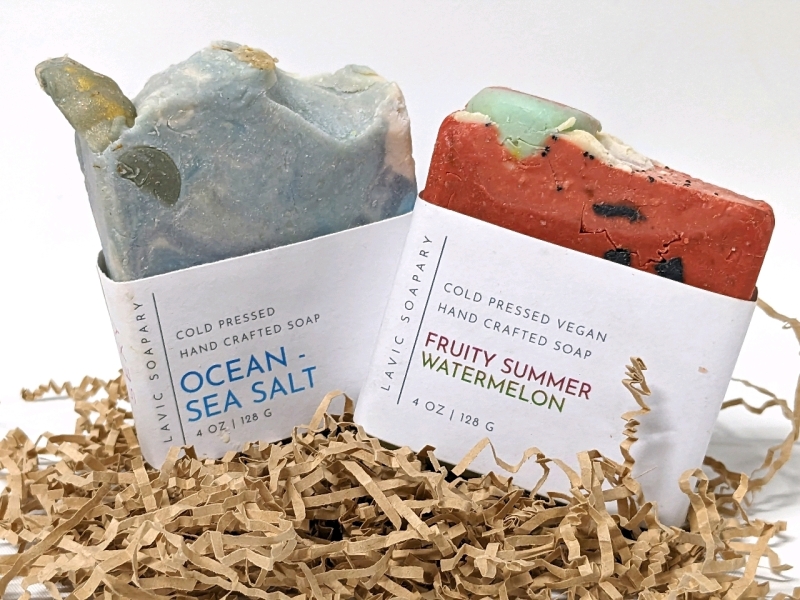 2 New Bars of Cold-Pressed Handcrafted Soap: Ocean Sea Salt & Fruity Summer Watermelon (128g each) from Lavic Soapary