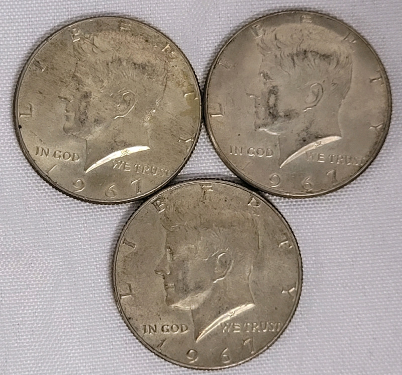 1967 USA Silver Kennedy Half Dollar Coins , Three (3) Coins