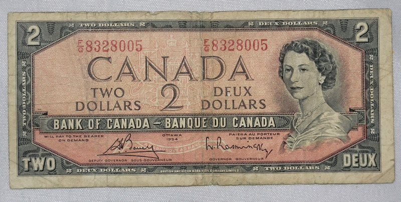 1954 Canadian Bank of Canada $2 Two Dollar Bank Note . Has been in Circulation