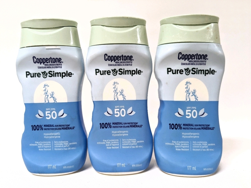 3 New Coppertone SPF 50 Pure & Simple Mineral Sunscreen Lotion 177ml (Blue Bottle)